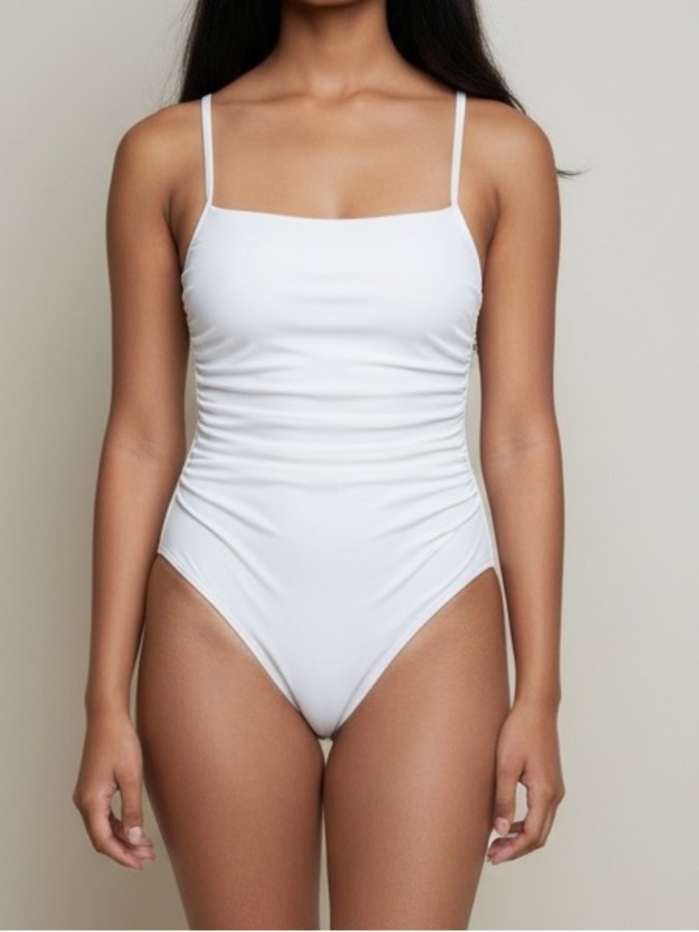 E.Menie White ruched spaghetti strap one piece  build in bra‎ swimsuit medium